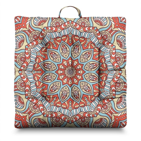 Folk Style Zabuton Thick Square Pillow with Geometric Mandala Design, Sunlight-Activated Expansion for Maximum Fluffiness