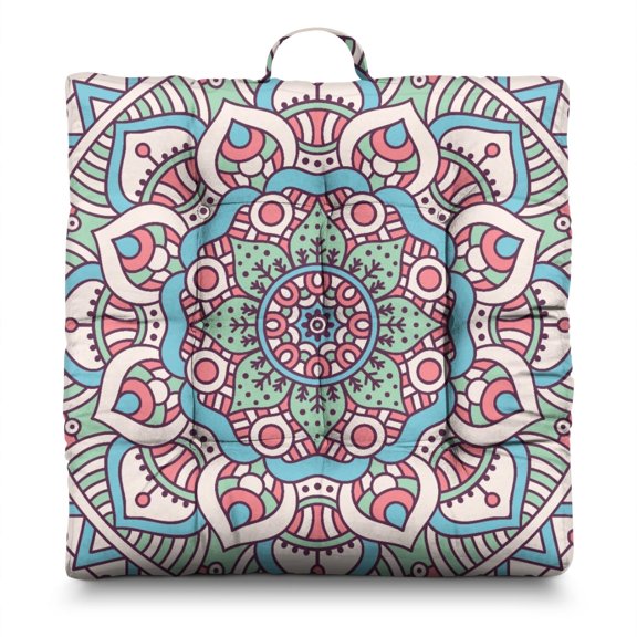 Folk Style Zabuton Thick Square Pillow with Geometric Mandala Design, Sunlight-Activated Expansion for Maximum Fluffiness