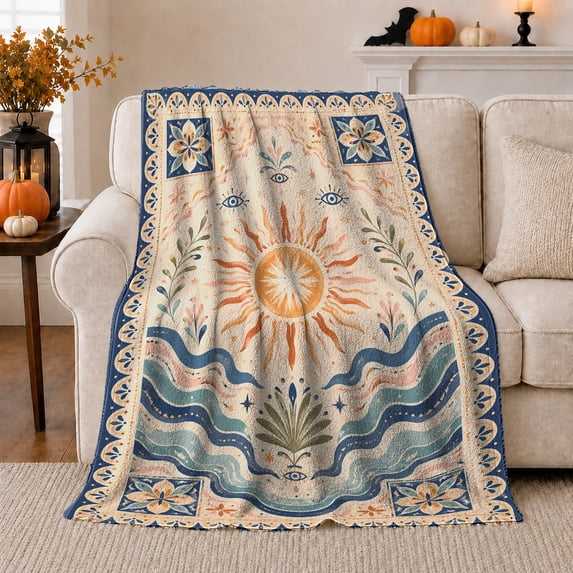Folk Sun over Blue Waves and Flowers, Serene Boho Style for Sun Lovers, Coastal Garden Motif and Housewarming Gift, Soft Flannel Blanket for Sunroom and Guest Room, Home Decor