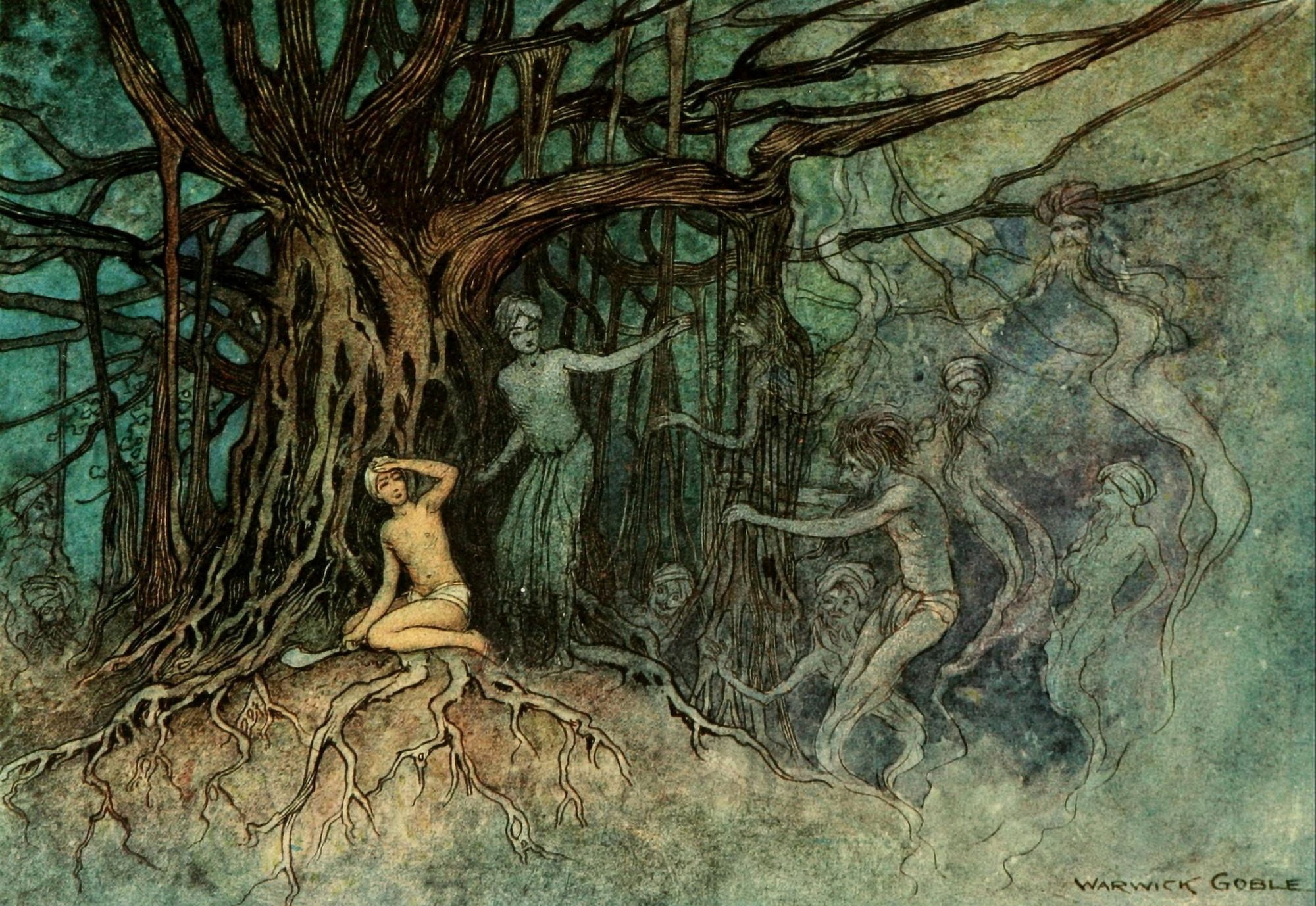 Folk Tales of Bengal 1912 A great many ghosts Canvas Art - Warwick Goble (18 x 24)