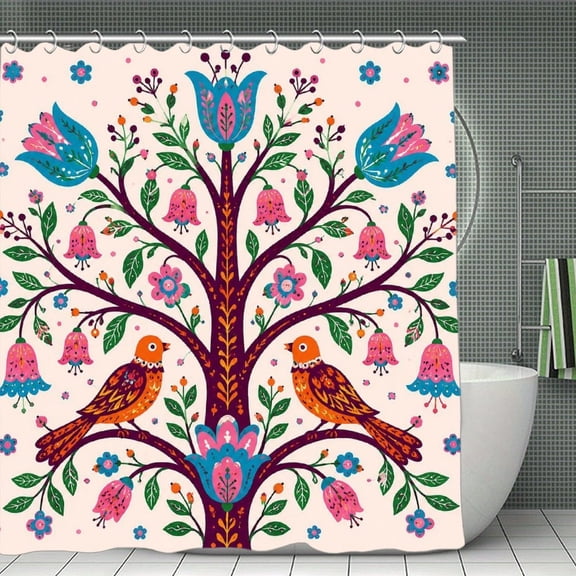 Folk Tree Birds Print Shower Curtain,Cloth Fabric Waterproof Polyester Bathroom Home Decor Set with Hooks 70.8×70.8Inch