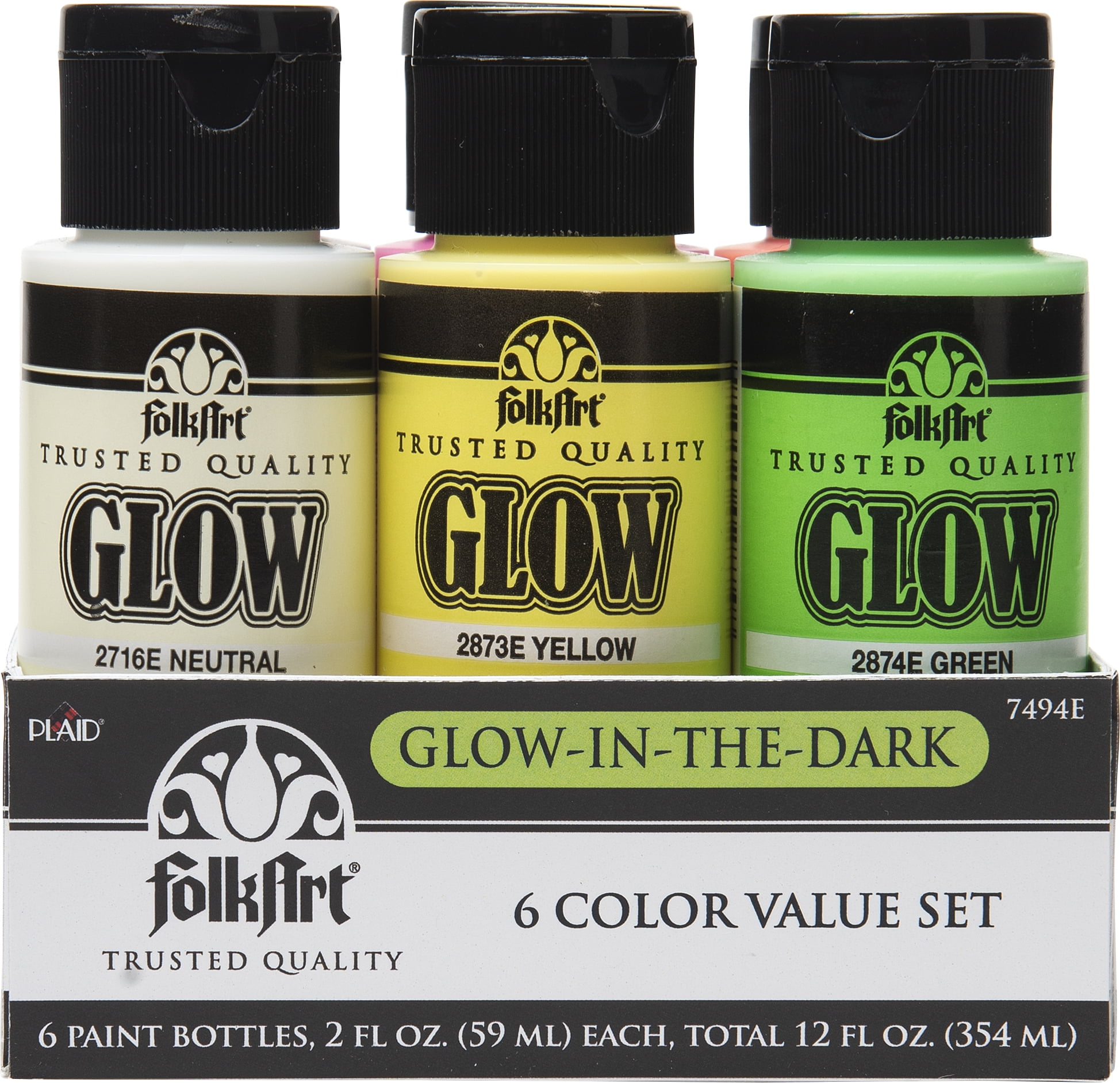 FolkArt 7494E Glow-in-the-Dark Acrylic Paint Set, Matte Finish, Set of 6, 12 fl oz