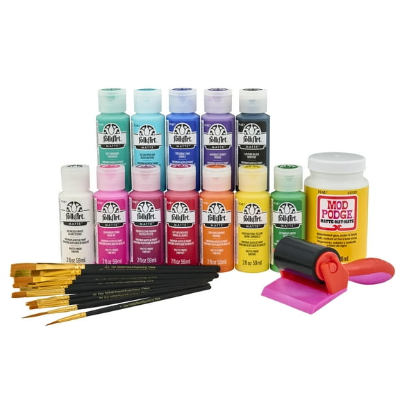 FolkArt Art Journal Kit, 24 Piece Set with 12 2 fl oz Acrylic Paints, 1 Mod Podge Sealer and a Smoothing Tool