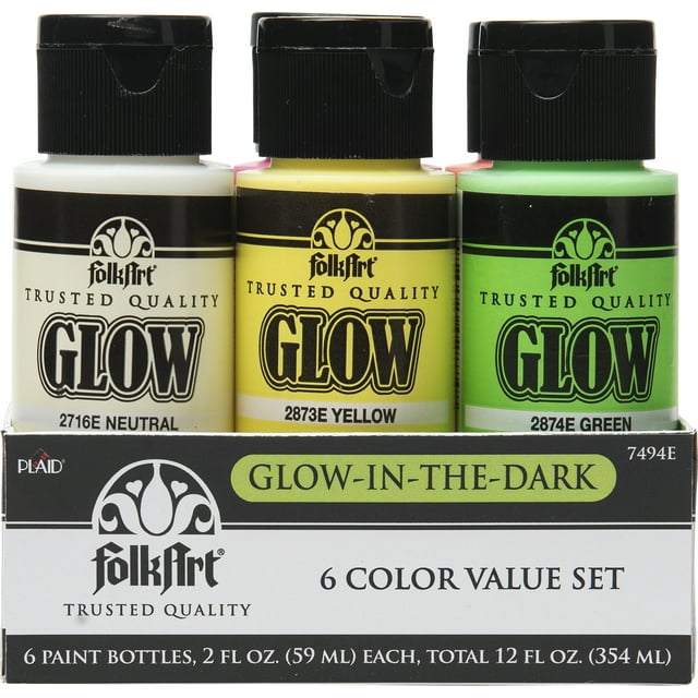 FolkArt GlowintheDark Acrylic Paint Set, Matte, 12 fl oz, 6 Piece