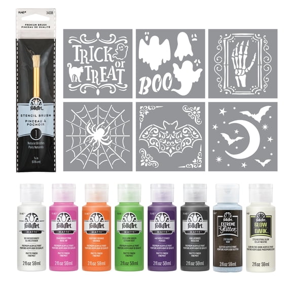 FolkArt Halloween Acrylic Paint Kit, 15 Count, 6 Stencils and Premium Brush