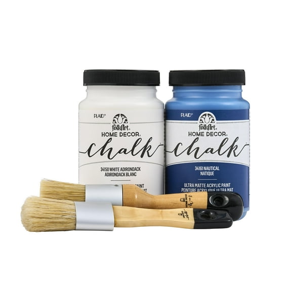 FolkArt Home Décor Chalk 8 fl oz White & Blue Kit with 2 Ultra Matte Acrylic Paints and a 2 Pc Brush Set