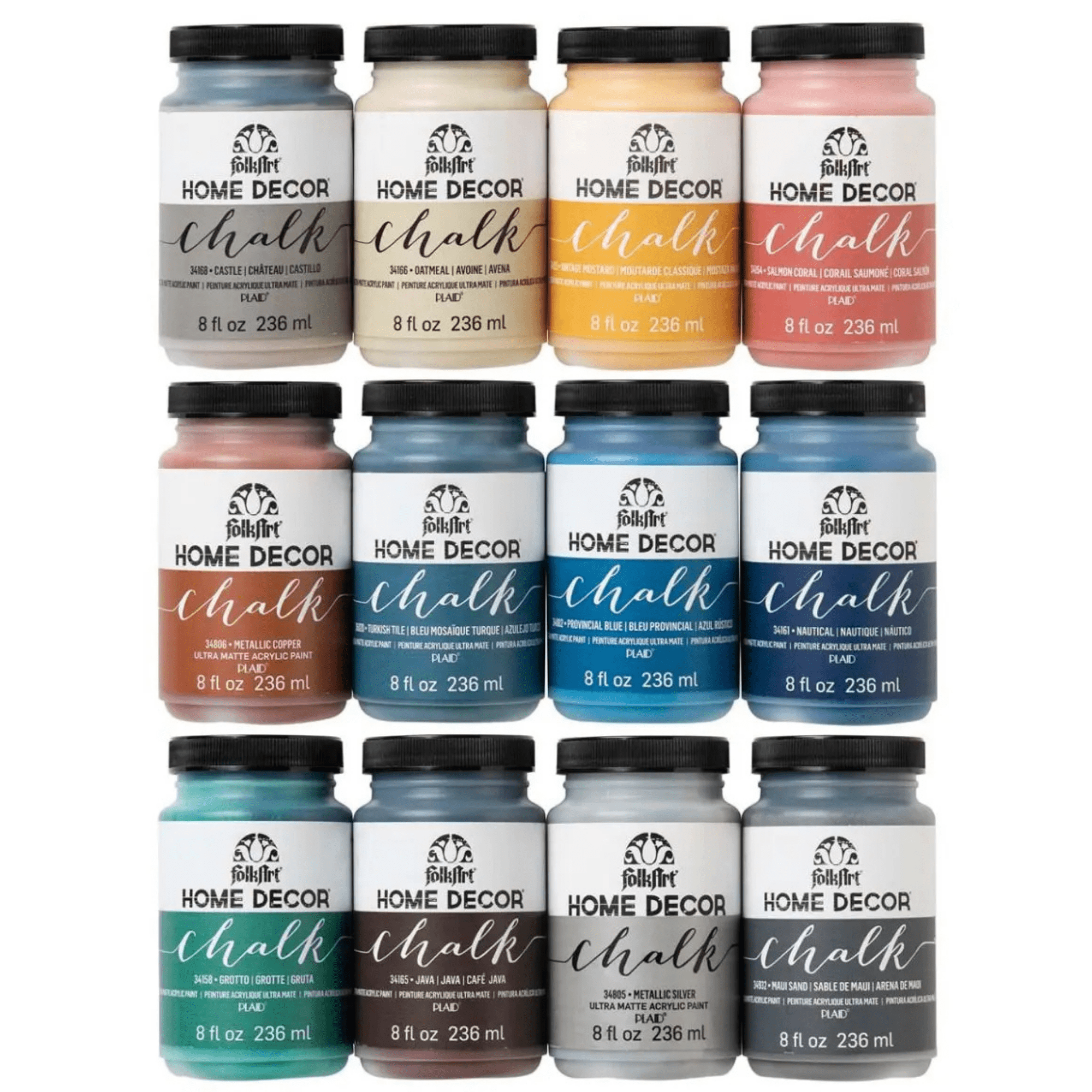 FolkArt Home Décor Chalk Acrylic Craft Paint Set, Multicolor, Ultra Matte Finish, Set of 12, 8 fl oz