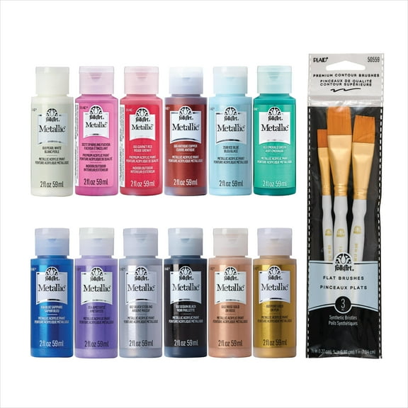 FolkArt Jewel Tone Acrylic Craft Paint Kit, 15 Piece Set Including 12 Metallic Acrylic Paints and 3 Premium Paintbrushes