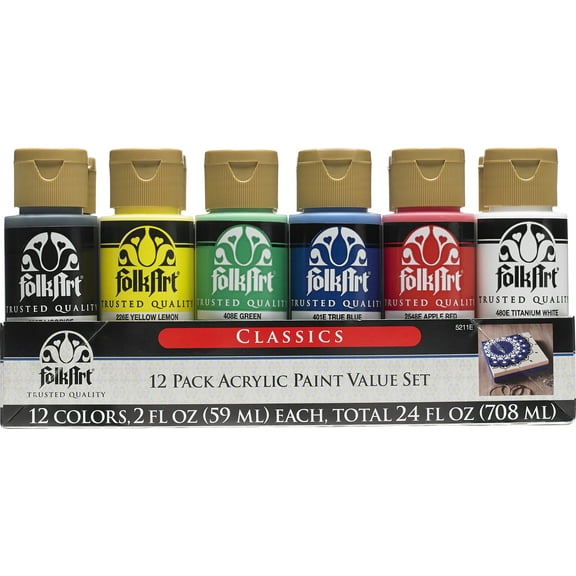 FolkArt 5211E Acrylic Craft Paint Set, Matte Finish, Classic, Set of 12, 24 fl oz