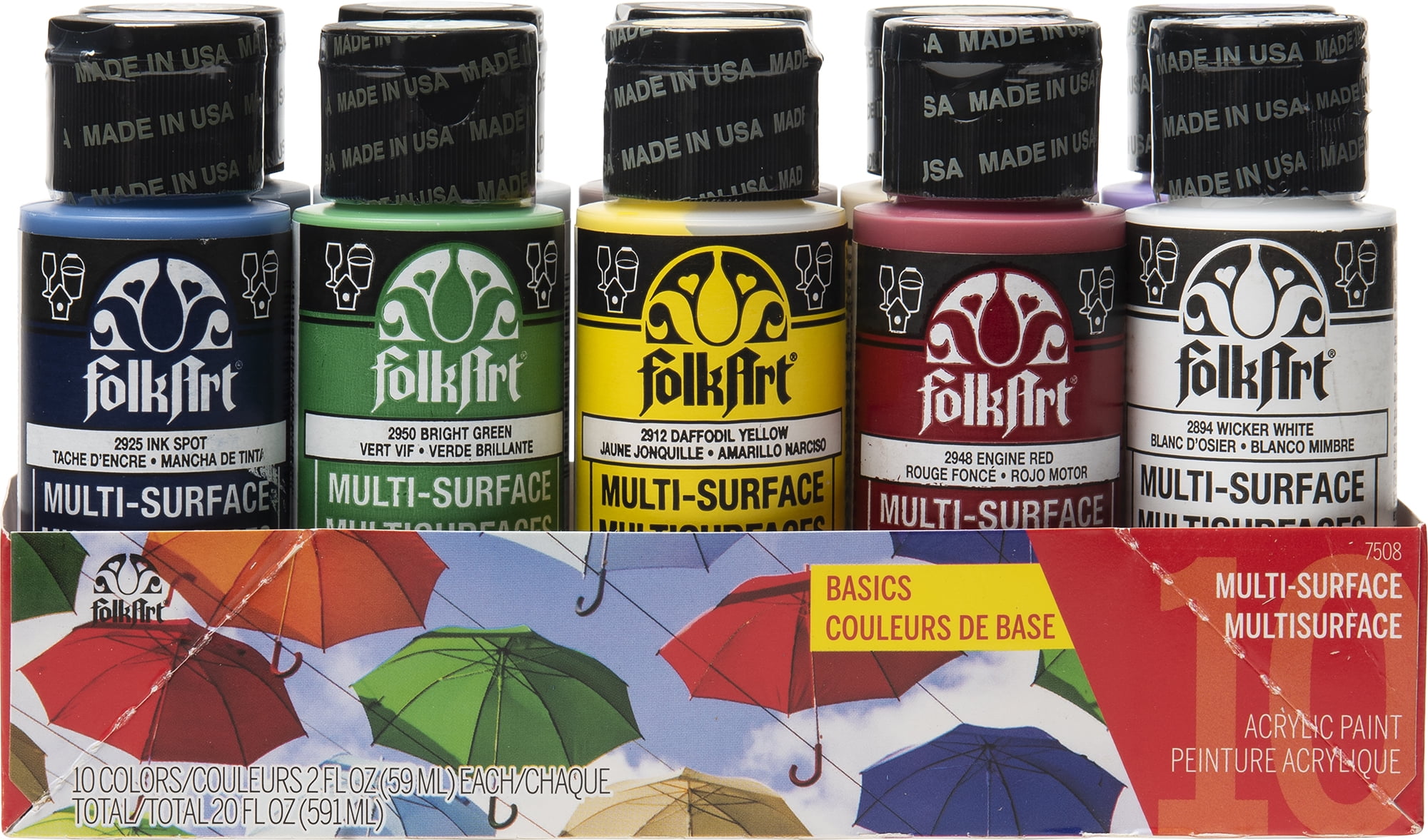 FolkArt Multi-Surface Satin Acrylic Craft Paint Set, 12 Colors, 2oz