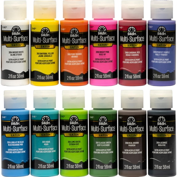 FolkArt Multi-Surface Satin Acrylic Craft Paint Set, 12 Colors, 2 fl oz
