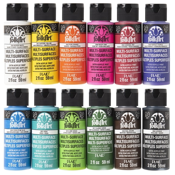 FolkArt Multi-Surface Satin Acrylic Craft Paint Set, 12 Colors, 2oz