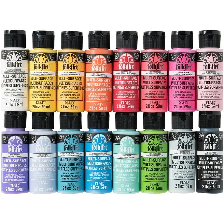 FolkArt Multi Surface Satin Acrylic Craft Paint Set Brights 16 Colors 2 fl oz Each