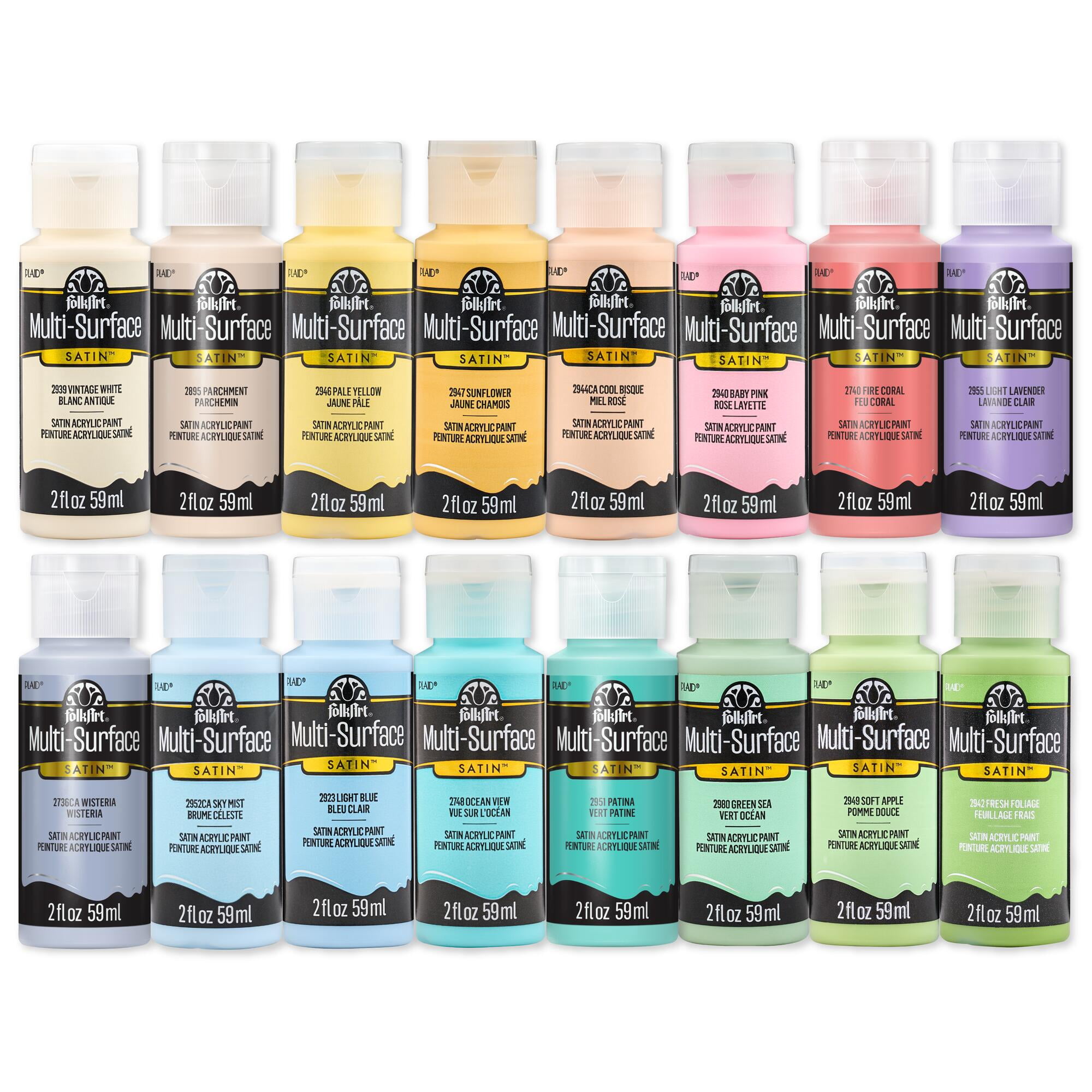 FolkArt Multi-Surface Satin Acrylic Craft Paint Set, Pastels, 16 Colors, 2 fl oz