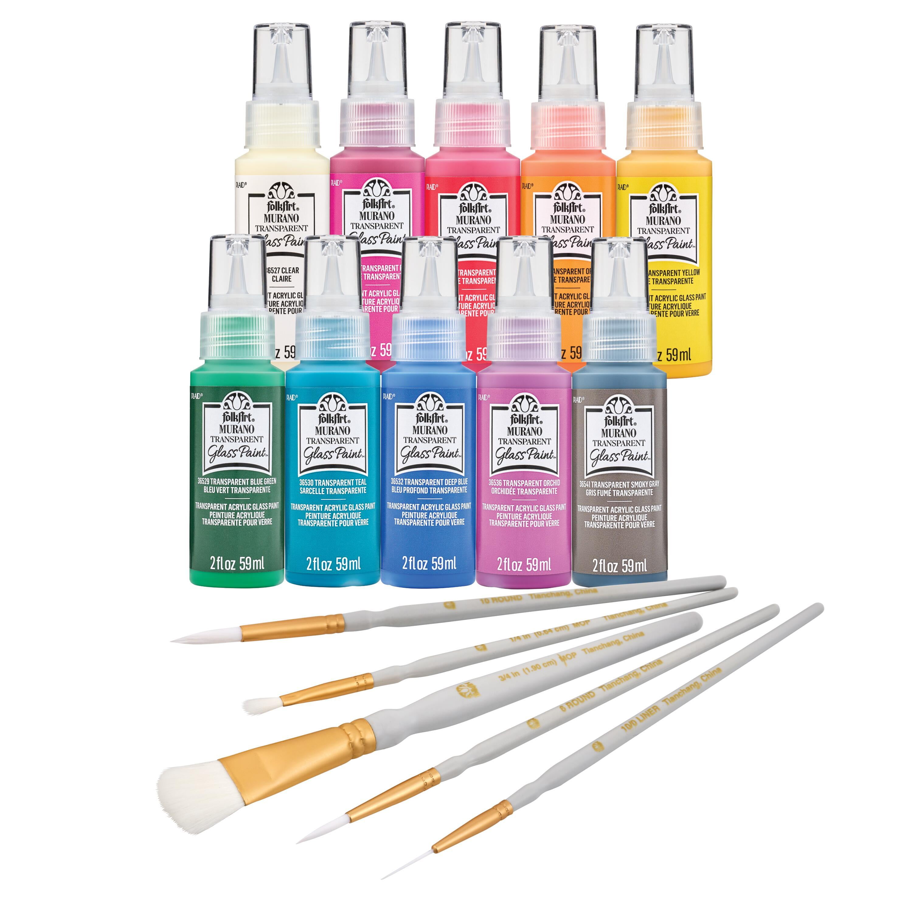 FolkArt Murano Acrylic Craft Paint Kit, 15 Piece Set Including 5 Brushes and 10 Transparent Acrylic Paints