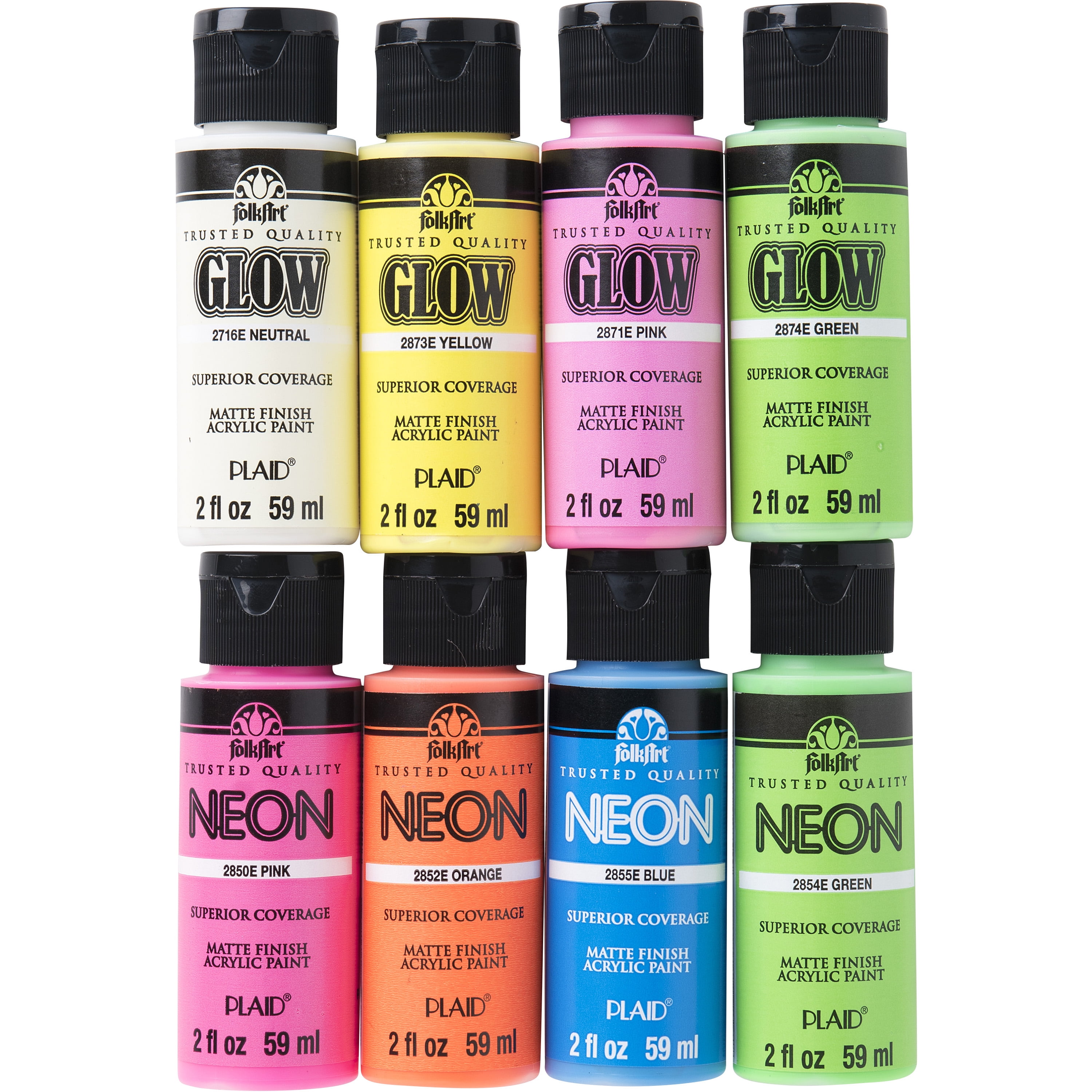 FolkArt Neon and Glow-in-the-Dark Acrylic Craft Paint Set, 8 Colors, 2 fl  oz each
