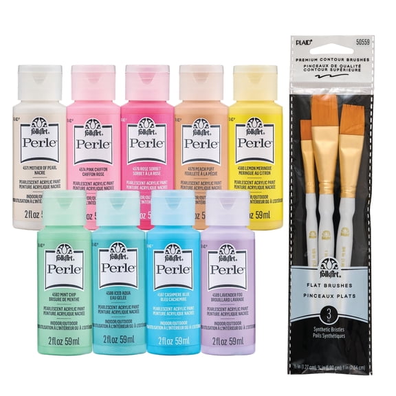 FolkArt Perle Acrylic Craft Paint and Brush Kit, Multicolor, Pearlescent Finish, Set of 12, 2 fl oz