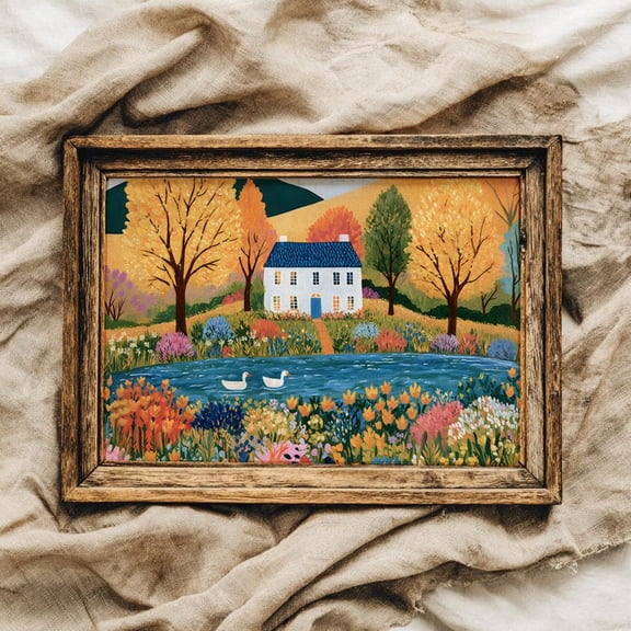 Folkart Autumn Cottage Landscape Fall Hosting Duck Illustration Autumnal Vintage Inspired Portrait Decor
