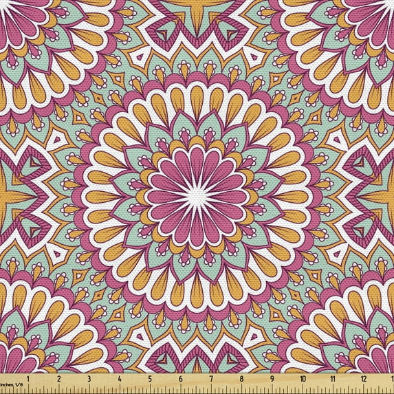 Folkloric Fabric by the Yard, South Eastern Themed Mandala Inspired Floral Medallion Repetition, Decorative Upholstery Fabric for Sofas Home Accents, 10 Yards, Pink Mint Green Marigold by Ambesonne