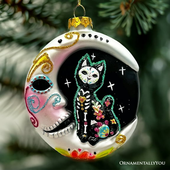 Folkloric Siamese Cat Sugar Skull Glass Ornament, Celestial Crescent Moon Halloween Decor