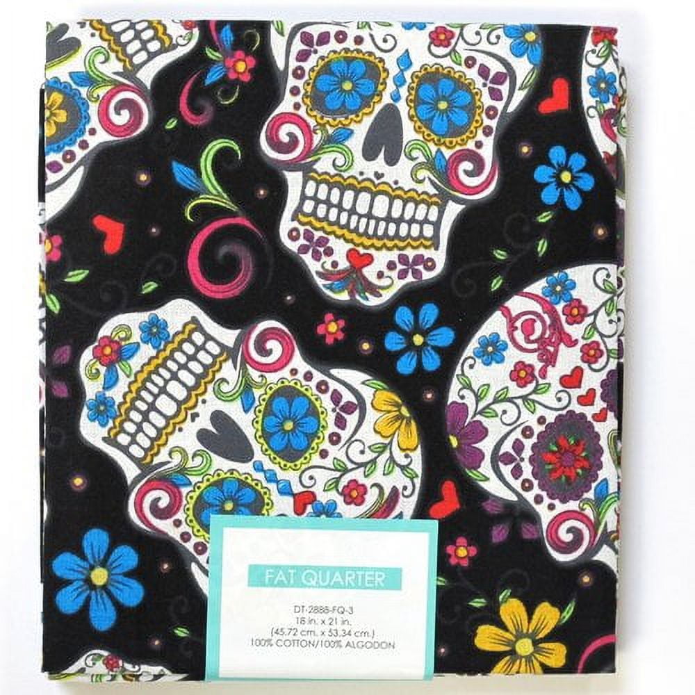 David Textiles 21" x 18" 100% Cotton Folkloric Skulls Precut Sewing & Craft Fabric, Black