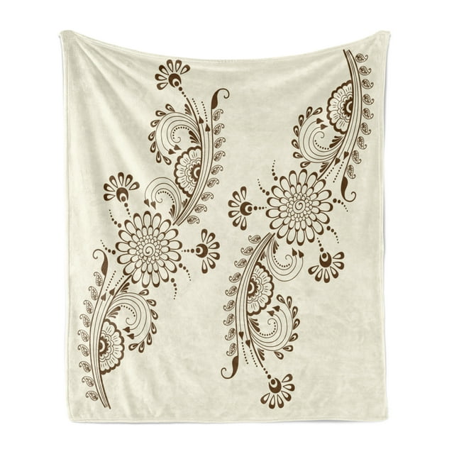 Folkloric Soft Flannel Fleece Throw Blanket, Abstract Floral Elements South Style Oriental Design Soft Color Scheme, Cozy Plush for Indoor and Outdoor Use, 70" x 90", Brown and Cream, by Ambesonne