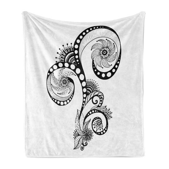 Folkloric Soft Flannel Fleece Throw Blanket, Body Art Doodle in Black and White Abstract Floral Arrangement Print, Cozy Plush for Indoor and Outdoor Use, 70" x 90", White Black, by Ambesonne