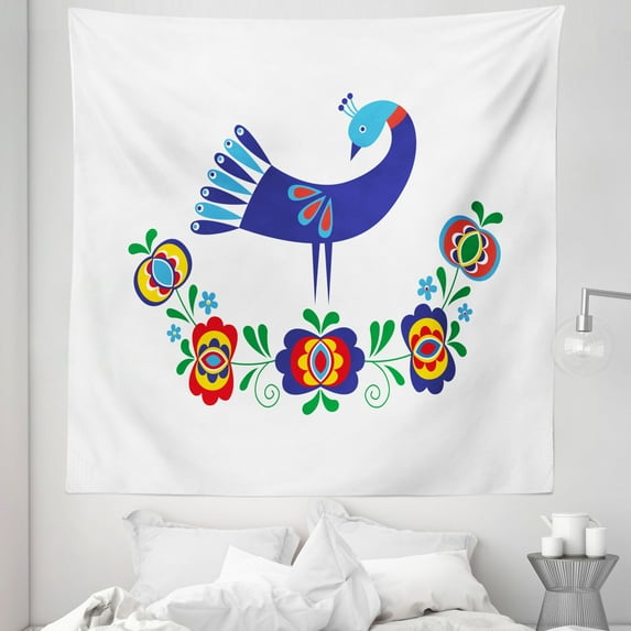 Folkloric Tapestry, Ukrainian Culture Inspired Floral Motif with Peacock and Abstract Flowers, Fabric Wall Hanging Decor for Bedroom Living Room Dorm, 5 Sizes, Multicolor, by Ambesonne