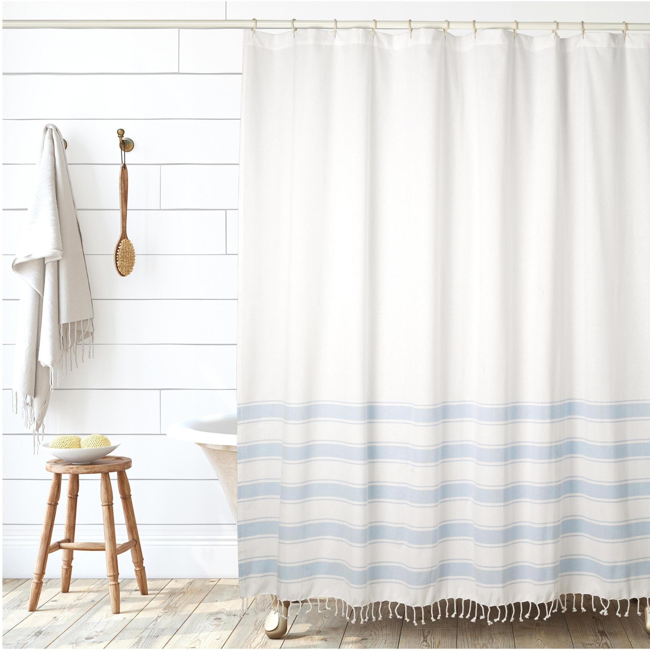  Hotel Balfour Premium Quality Fabric Shower Curtain Luxury  Turkey Modern Home Bathroom Decor Bathtub Privacy Screen Fringe at Bottom  100% Cotton 72 x 72 (White with Light Blue Stripes) : Home
