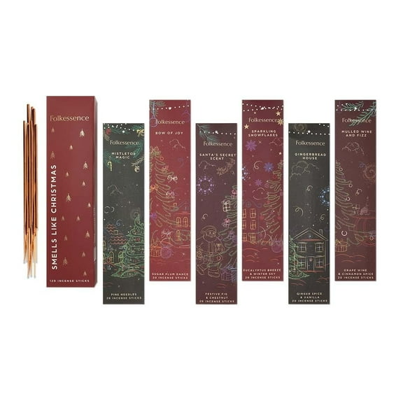 Folkulture Christmas Incense Sticks with Holder for Gift | Set of 6 (120) Organic Non Toxic Incense Sticks Christmas - Vanilla, Plum, Pine, Eucalyptus Insense for Gifts for Women