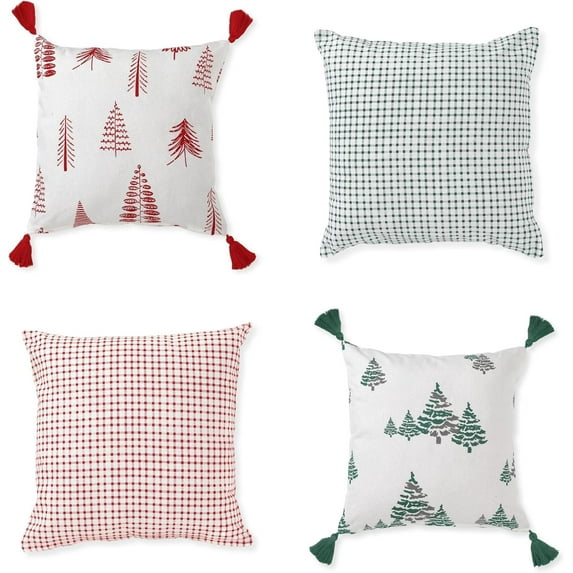 Folkulture Christmas Pillow Covers 18x18, Set of 4 100% Cotton Farmhouse Throw Pillow Covers for Home Décor, Decorative Pillow Cases or Cushion Covers for Christmas Decor - Square, Noel (Red Green)