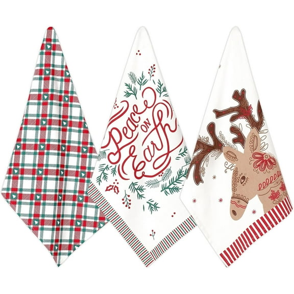 Folkulture Christmas Tea Towels Set of 3 for Kitchen Decorations, 26x20 Christmas Kitchen Towels or Tea Towels, 100% Cotton Decorative Hand Towel for Farmhouse Décor, Unique Gift Set (Deer)