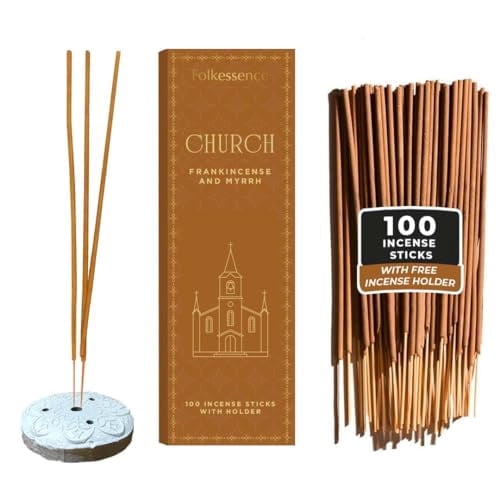 Folkulture Church Incense Sticks with Holder (100 Sticks) | Frankincense & Myrrh Catholic Incense Stick for Prayer|No Charcoal, Non Toxic, 45 Min Burntime Insence-Sticks for Christian Gifts for Women