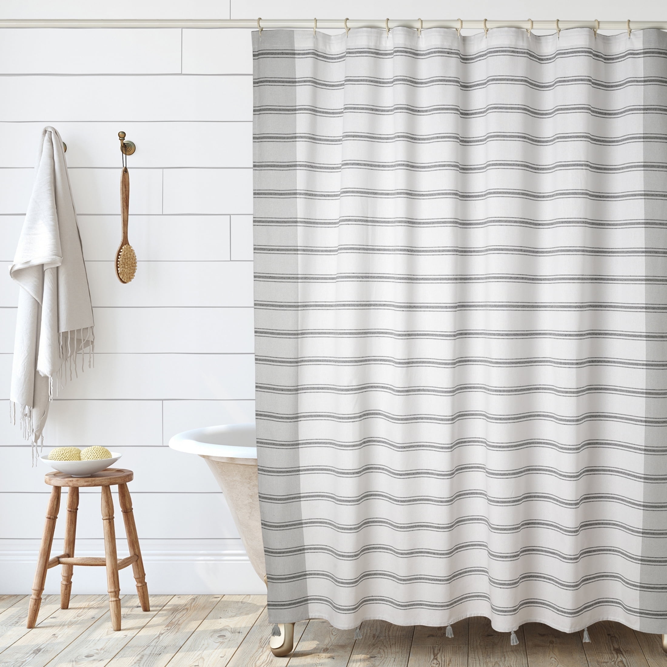 Laguna Gray Boho Cotton Shower Curtain with Tassels 72" x 72"