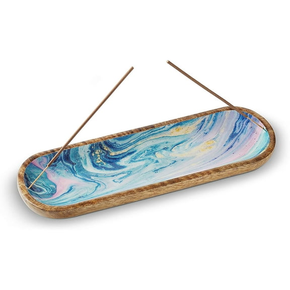 Folkulture Incense Holder or Incense Burner, 12-inch, Mango Wood, Blue Galaxy