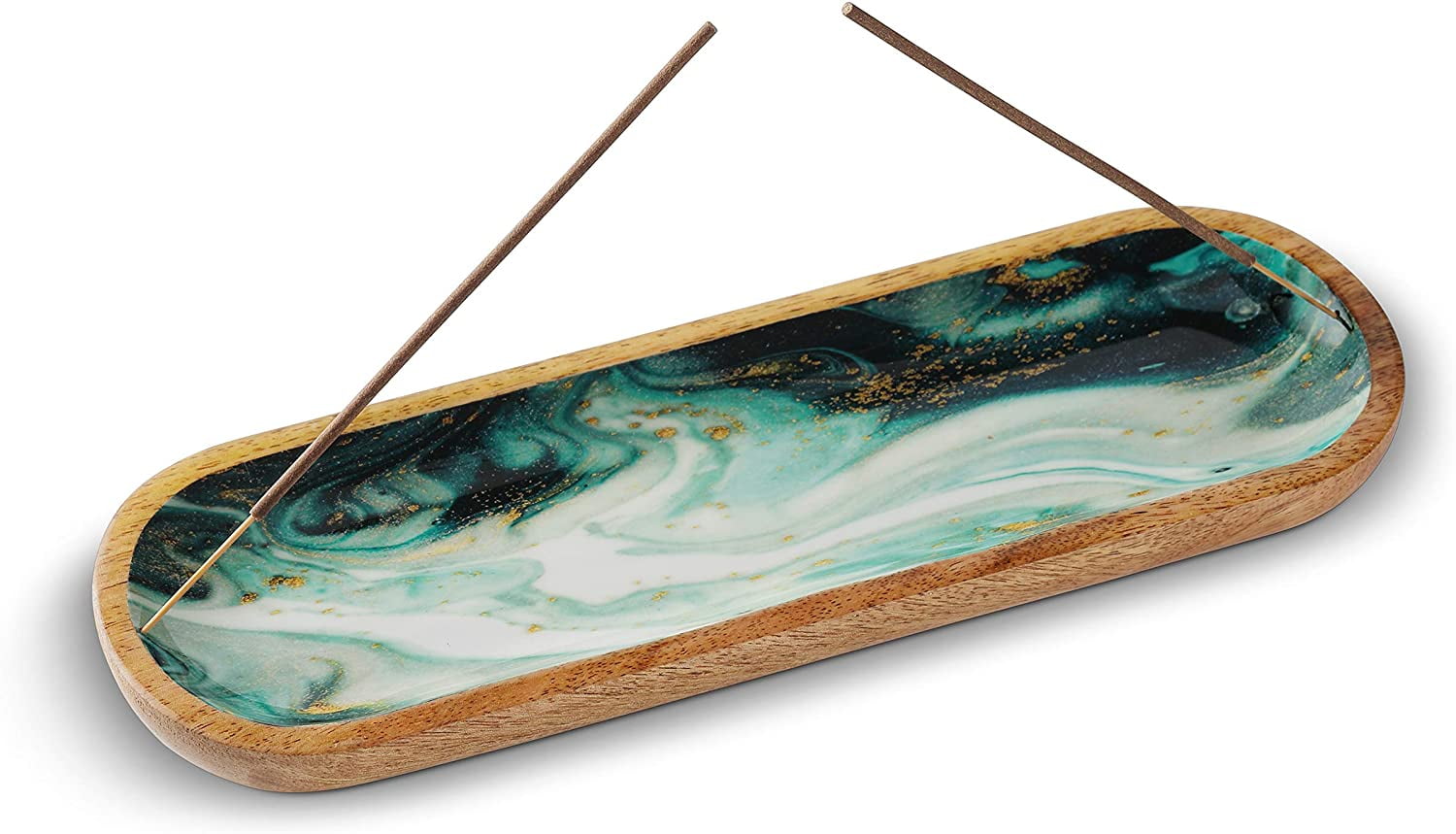 Folkulture Incense Holder or Insence Burner Holder, 12 inch Long, Green Agate, Mango Wood Ash Catcher