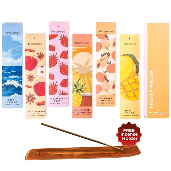 Folkulture Incense Sticks with Holder (120 Sticks) | Set of 6 Fruit Incense Sticks for Mood, Stress Relief | No Charcoal, Organic, Non Toxic, 45 Mins,Long Burning Mango, Pineapple, Insence-Sticks