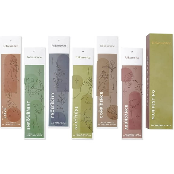 Folkulture Incense Sticks, Set of 6 - 120 Sticks for Manifesting, Farmhouse Boho Gift Set - Manifesting