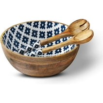 Folkulture Salad Bowl with Serving Tongs, 12x5 inches, Mango Wood, Geometric Blue