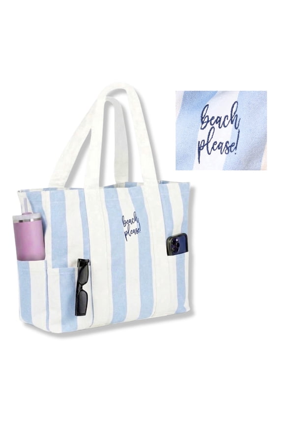 Tote Bag for Women (18 x 15 in) Large Embroidered Beach Please Tote Bag | Cute Canvas Zipper Bag for Beach | Shoulder Bag for Women | Beach Essentials, Waterproof, Sandproof | Gift for Her