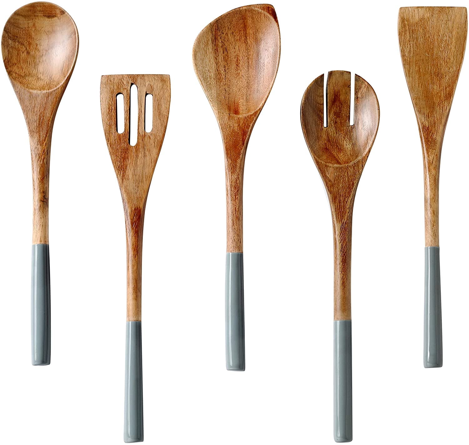 Folkulture Wooden Spoons for Cooking, Set of 5 Wooden Utensils for Cooking, Nonstick Wooden Cooking Utensils, Kitchen Utensil Sets with Wooden Spoon Sets and Wooden Spatula - Gray/Grey