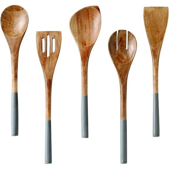 Folkulture Wooden Spoons for Cooking, Set of 5 Wooden Utensils for Cooking, Nonstick Wooden Cooking Utensils, Kitchen Utensil Sets with Wooden Spoon Sets and Wooden Spatula - Gray/Grey