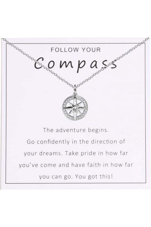Follow Your Compass Graduation Necklace College, High School Graduation Gift Back To School New Beginnings Gift For Daughter Granddaughter Niece Cubic Zirconia Pendant Necklace Jewelry For Woman