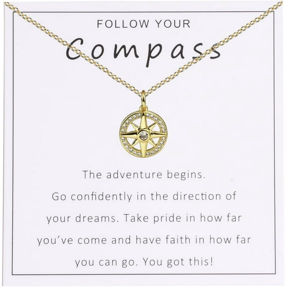 Follow Your Compass Graduation Necklace College, High School Graduation Gift Back To School New Beginnings Gift For Daughter Granddaughter Niece Cubic Zirconia Pendant Necklace Jewelry For Woman