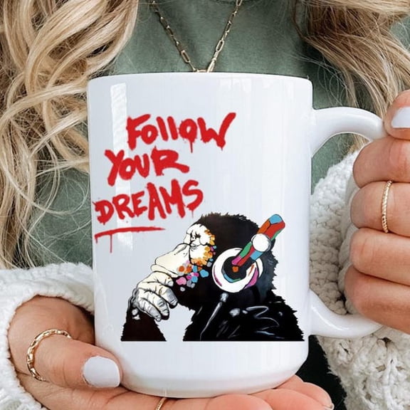 Follow Your Dreams Monkey Coffee Mug Ceramic Tea Cup with DJ Chimp Art, Funny Animal Illustration Gift for Music Lovers, Musicians, Djs, and Motivation Seekers 15 oz Large White Mug
