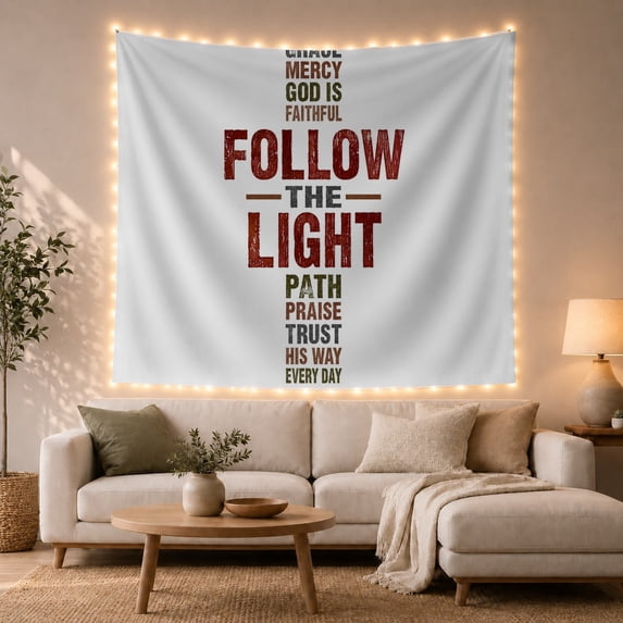 Follow the Light Typography Against White Background, Inspirational Rustic for Faith Lovers, Christian Wall Art Decor, Easter Gift Tapestry Wall Hanging for Bedroom and Living Room