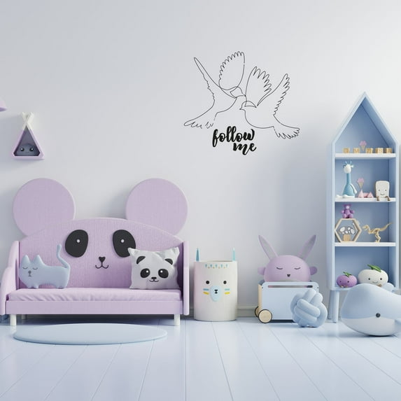 Follow Me - Life Motivation Quote Two Beautiful Birds Flying Line Silhouette Vinyl Design Wall Sticker Art Decal Boy Girl Kid Bedroom Nursery Kinder Home Decor Stickers Decoration Size (30x40 inch)