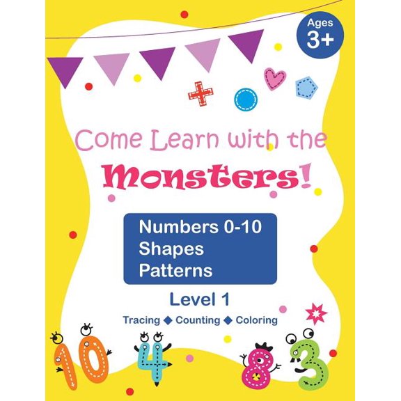 Follow the Monsters: Come Learn with the Monsters! (Level 1) - Numbers 0-10, Shapes, Patterns : Black and White Version, Large and Cute Images, Ages 3-7, Toddlers (Series #2) (Paperback)