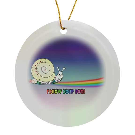 3drose, Follow the Fun - Follow Your Bliss Inspiring Motivating Quote - Sweet Snail Following the Rainbow, Circle Porcelain Ornament