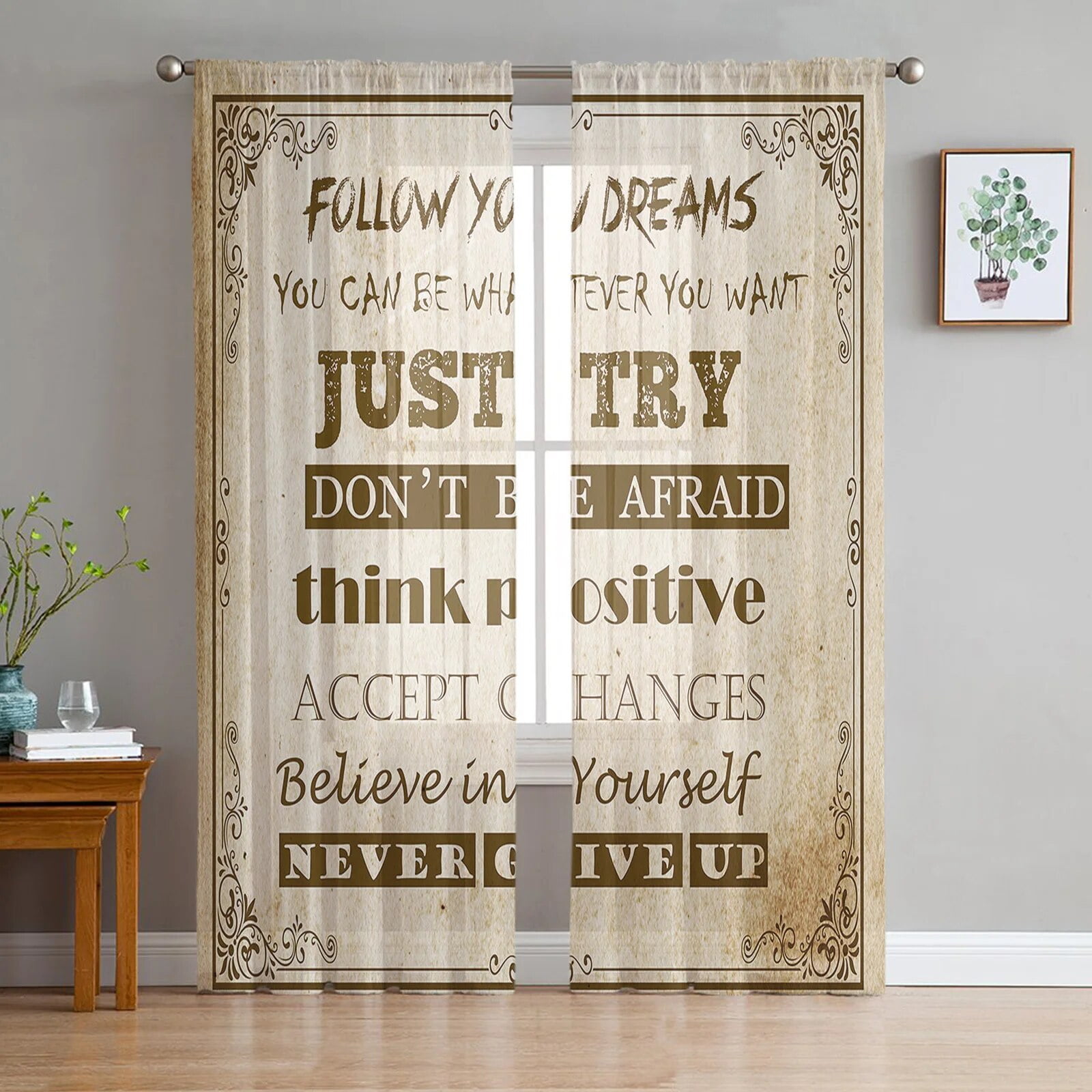Follow You Dreams Text Retro Sheer Curtains for Living Room Bedroom Follow You Dreams Text Retro Sheer Curtains for Living Room Bedroom